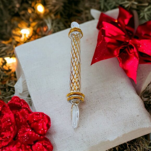 Oversized Egyptian Glass Teardrop Ornament Plaid Gold White Xmas 8.5” Holiday De - Picture 2 of 6